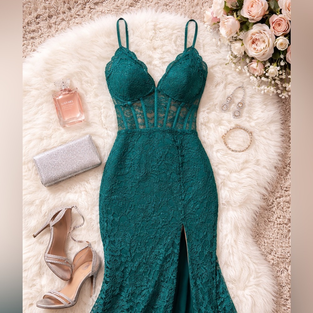 Morgan & Co Corset Lace Green Maxi Dress NWT Size 3 Juniors Slit Prom Formal